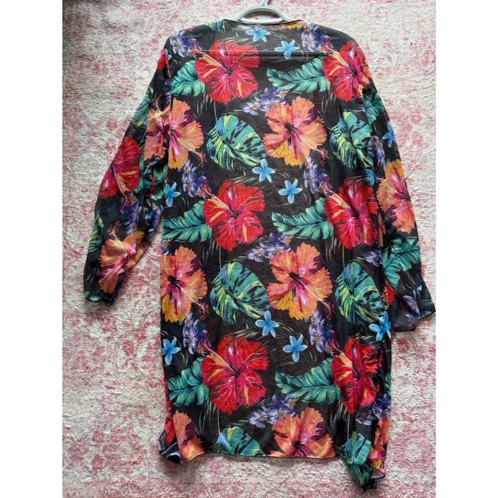 Tropical Floral Sheer Swim Coverup - Black with Multicolor Hibiscus